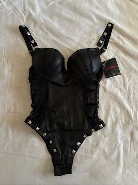Spencer's Black Studded Faux Leather Mesh Bodysuit